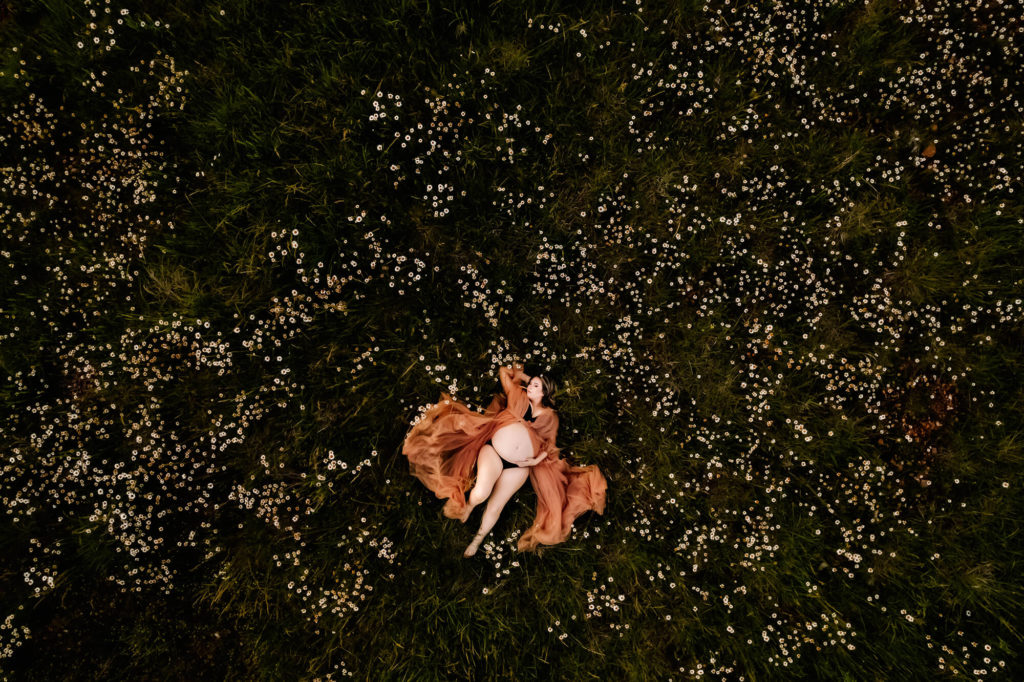 maternity photographer in Springfield MO captures pregnant mom laying in flower field