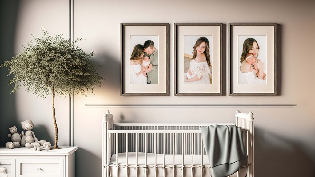 Springfield and Branson MO family photographer captures framed photos above crib