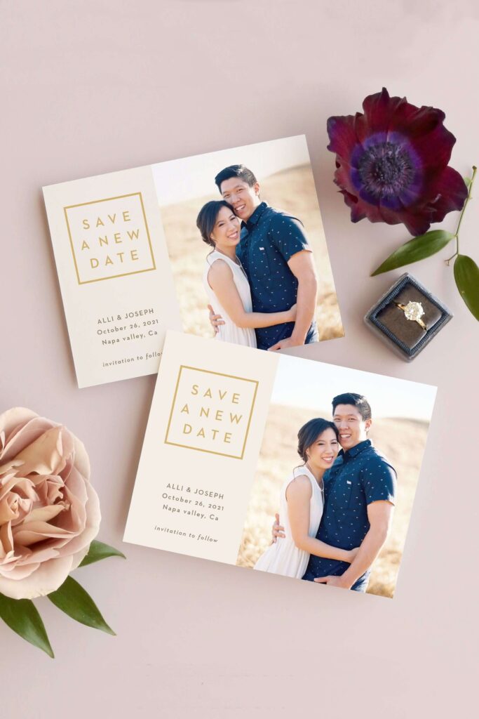 cream and brown affordable wedding save the dates