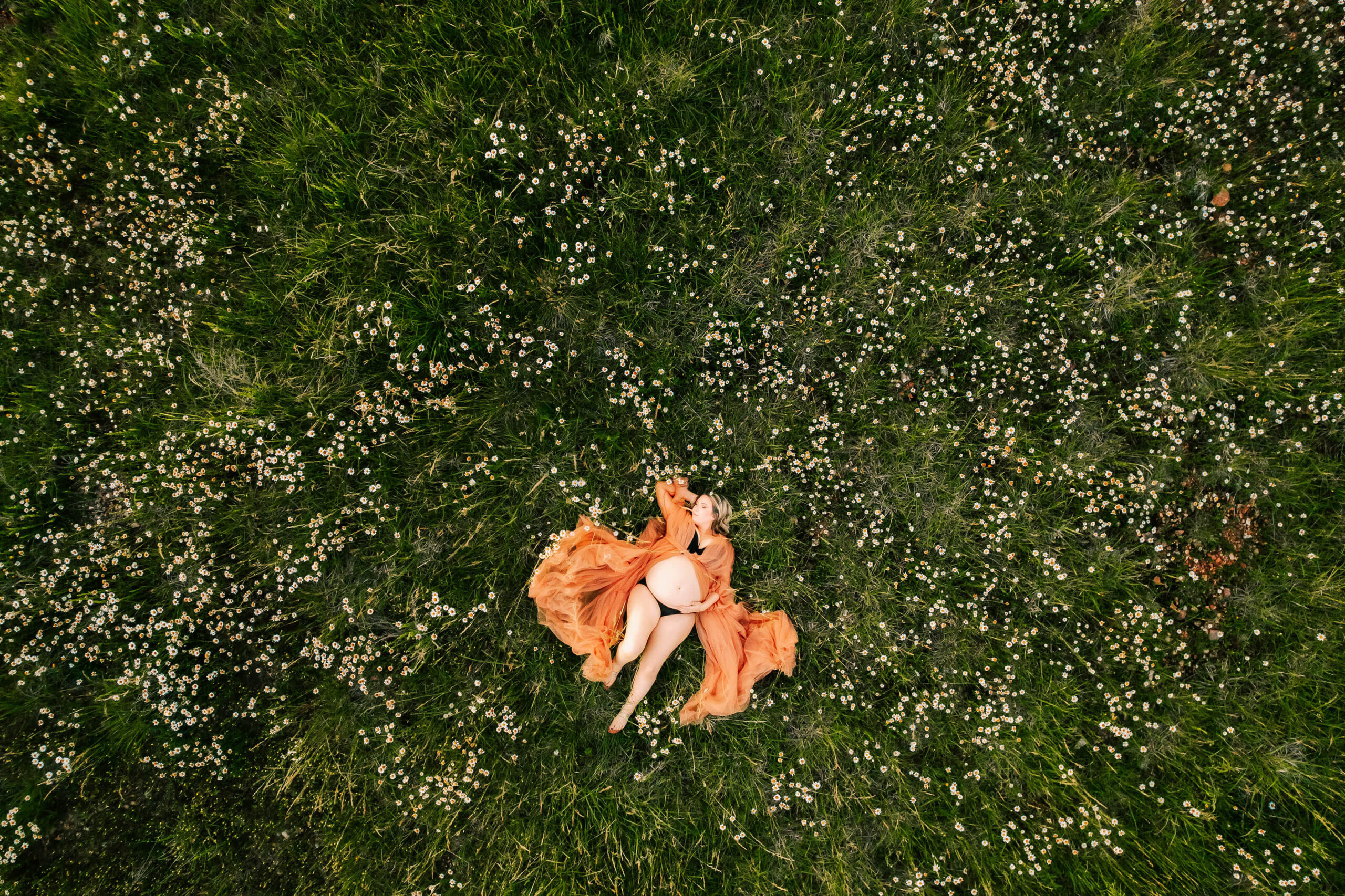 drone photo captured by The XO photography of pregnant mom laying floral field