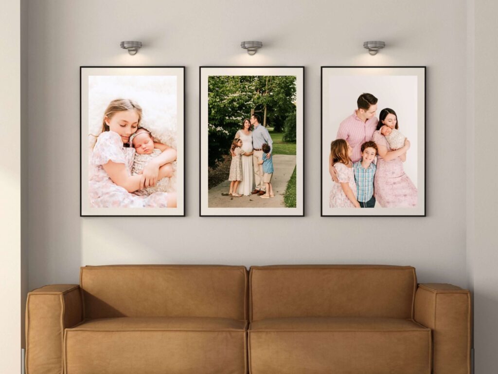 photos of framed maternity and newborn photos in living room captured by Springfield Mo maternity and newborn photographer Jessica Kennedy of The XO Photography